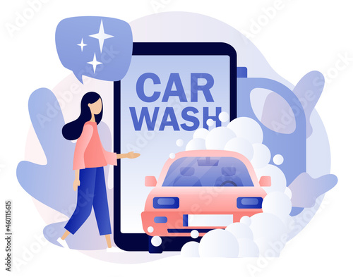 Car wash service smartphone app. Transport is clean. Tiny people washing automobile with water and foam. Modern flat cartoon style. Vector illustration on white background