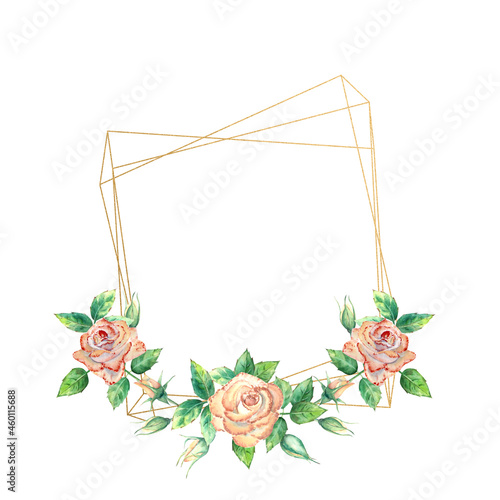 Gold geometric frame decorated with flowers. Peach roses, green leaves, open ...