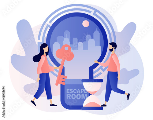 Quest room. Escape room. Tiny people trying to solve puzzles, find key, gettout of trap, finding conundrum solution. Exit maze. Modern flat cartoon style. Vector illustration on white background