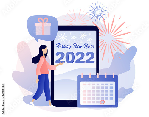 Happy New year 2022 - text on smartphone screen. Tiny woman celebrate, greeting friends and family. Christmas holiday. Modern flat cartoon style. Vector illustration on white background