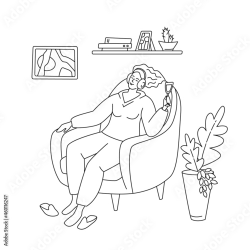 Dreaming woman with a glass of  wine sits in an armchair and listens to music on headphones. Vector isolated black and white illustration in line art style.