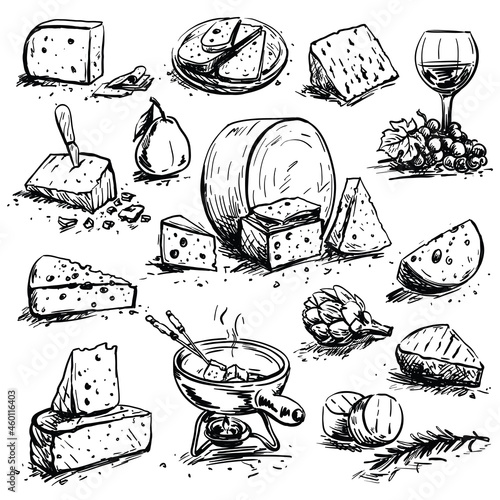 different types of cheese. black and white sketches