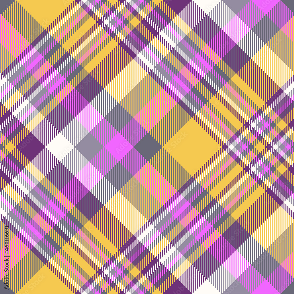 Seamless madras plaid pattern in purple, gray and orange. Diagonal print. 