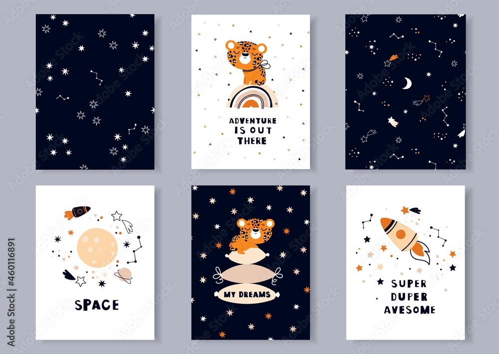 A set of posters with space in the Scandinavian style. Leopard on the rainbow. Cute animal cards
