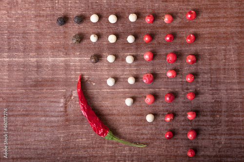 A kind of hot pepper that lies on the table. Spices and seasonings laid out on the table