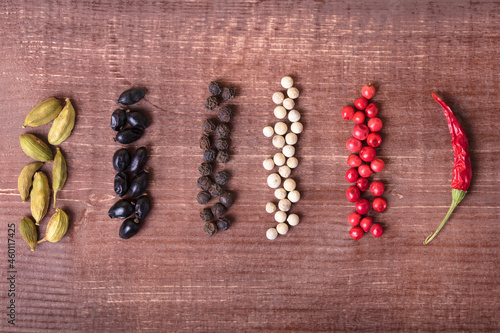A kind of hot pepper that lies on the table. Spices and seasonings laid out on the table
