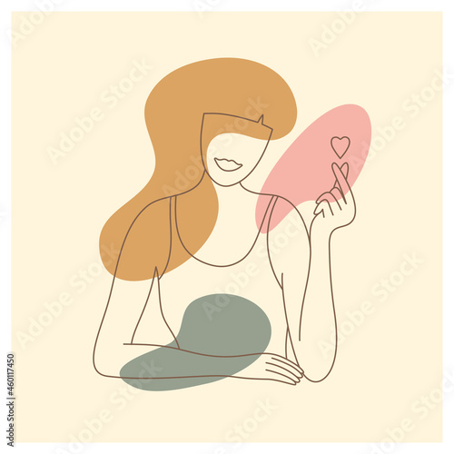 Aesthetic abstract poster of beautiful woman showing love sign by fingers. Minimalistic female portrait in trendy linear style. Heart shape in hand. Self care, sharing, giving love vector illustration