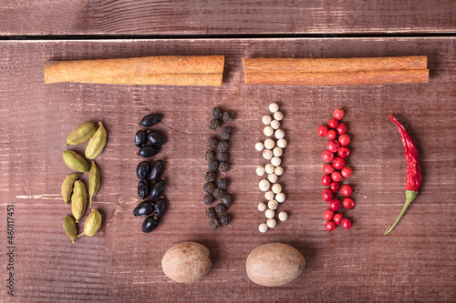A kind of hot pepper that lies on the table. Spices and seasonings laid out on the table