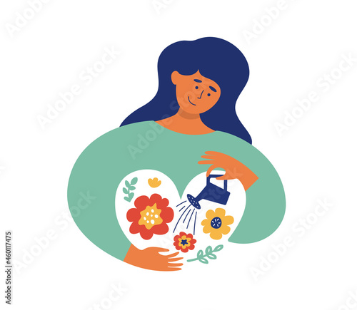 Self love, body care concept. Gentle to yourself vector illustration. Happy female grows garden within herself. Young woman irrigates inner flowers by watering can. Mental health psychological therapy