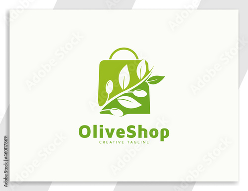 Green olive oil shop logo with leaves and shopping bag illustration