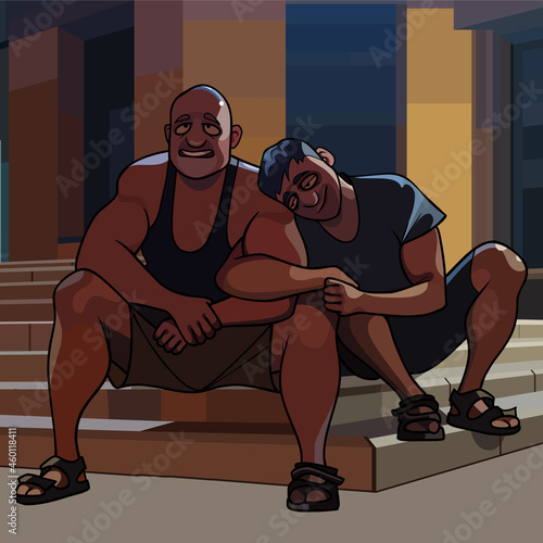 two cartoon drunk guys are sitting in an embrace on the steps
