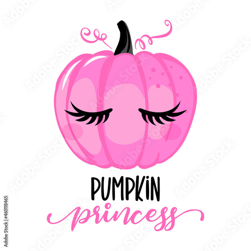 Art & Pumpkin princess - hand drawn pink pumpkin with lashes and lettering phrase. Brush ink vector quote for banners, greeting card, poster design. Happy Halloween.