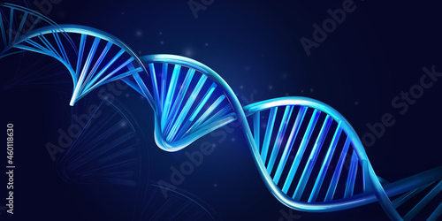 Glowing DNA strands on a dark background.