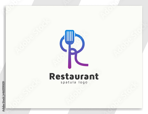 Restaurant or food logo with Letter r and spatula illustration concept