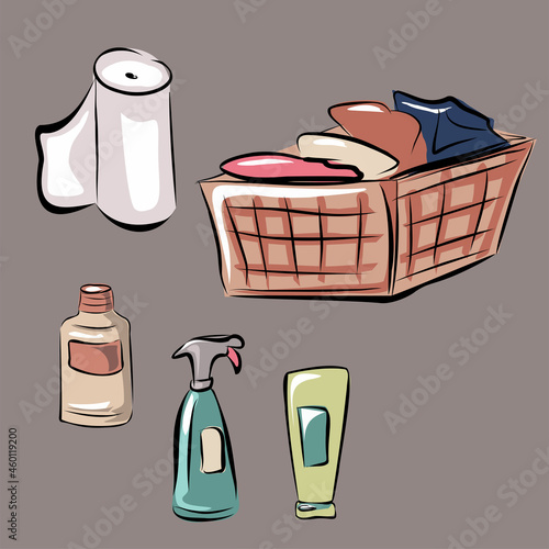Cleanliness and order in the house, apartment. Equipment and means for cleaning, washing. Household appliances, washing machine, vacuum cleaner, bucket. Isolated vector objects.