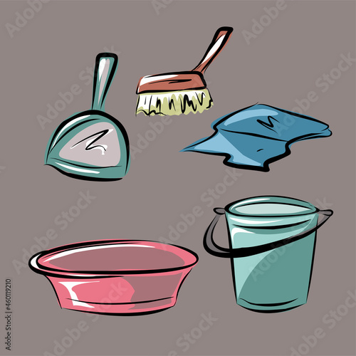 Cleanliness and order in the house, apartment. Equipment and means for cleaning, washing. Household appliances, washing machine, vacuum cleaner, bucket. Isolated vector objects.