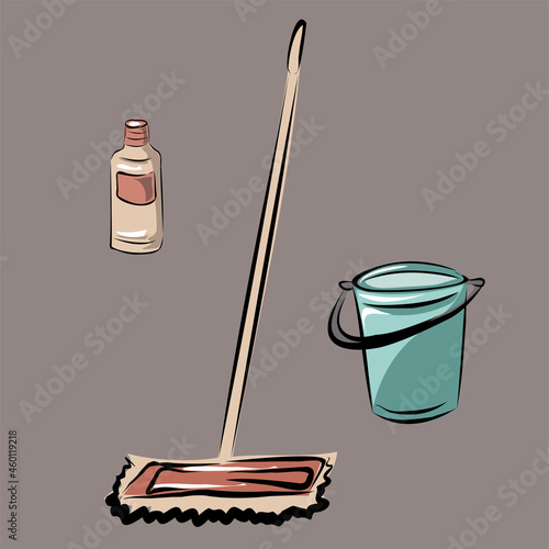 Cleanliness and order in the house, apartment. Equipment and means for cleaning, washing. Household appliances, washing machine, vacuum cleaner, bucket. Isolated vector objects.