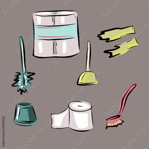 Cleanliness and order in the house, apartment. Equipment and means for cleaning, washing. Household appliances, washing machine, vacuum cleaner, bucket. Isolated vector objects.