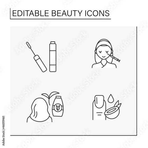 Beauty line icons set. Mascara, beauty injections, coconut cuticle moisturizing and natural shampoo. Spa concept. Isolated vector illustration. Editable stroke
