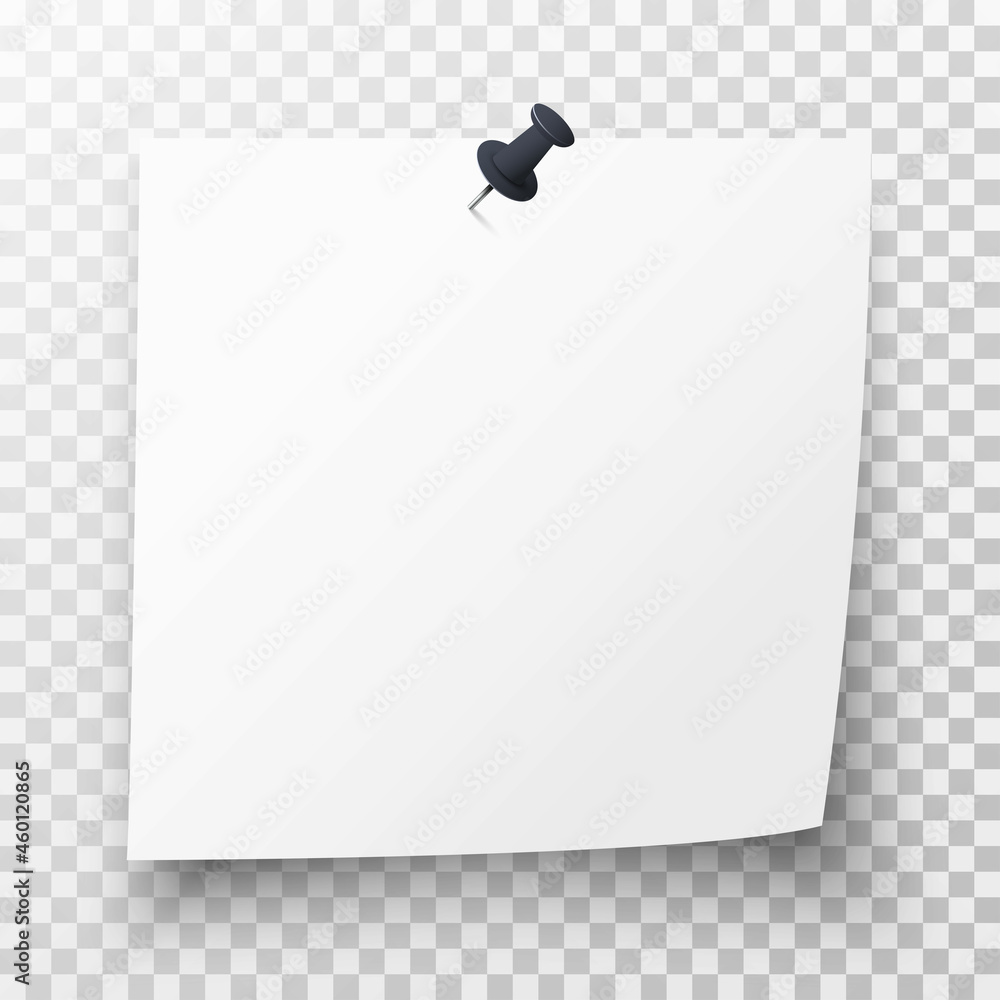 Realistic white sticky note with black pin, curl and shadow on