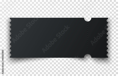 Realistic black ticket with one stub rip line and shadow. Mockup coupon entrance isolated on transparent background. Template design for entertainment show, event, boarding pass. Vector illustration