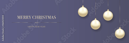 Merry Christmas and Happy New Year, minimalistic banner. Very peri color background with hanging Christmas balls 