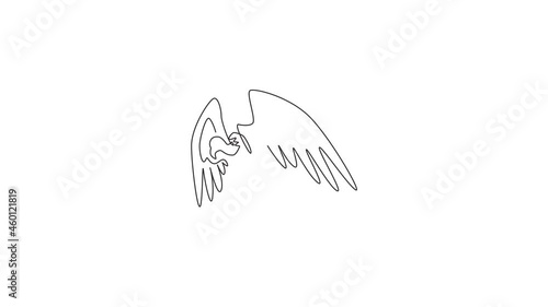 Animated self drawing of one continuous line drawing of scary vulture for foundation logo identity. Big bird mascot concept for bird conservation icon. Full length single line animation illustration.