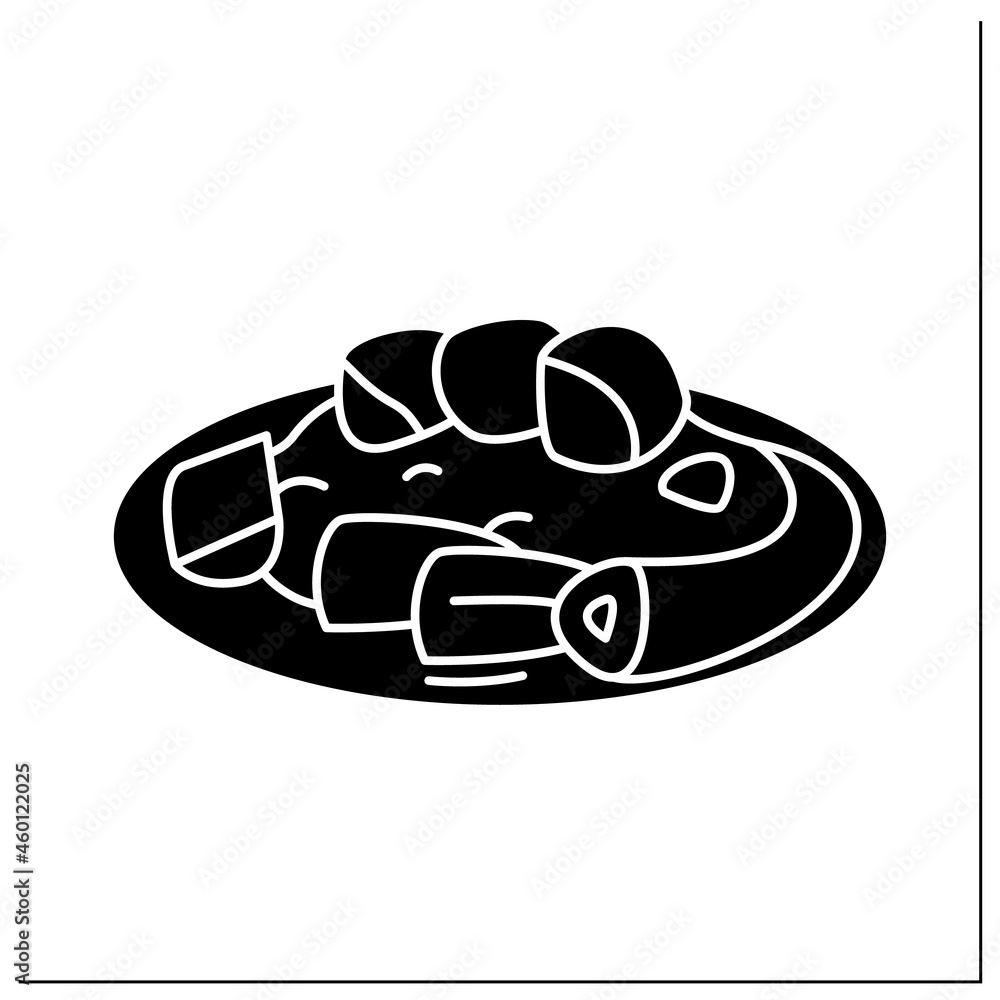 Afro-Caribbean food glyph icon. Jollof oxtail. Aromatic, spicy slow-cooked dish. Local food concept. Filled flat sign. Isolated silhouette vector illustration Afro-Caribbean food glyph icon. Jollof oxtail. Aromatic, spicy slow-cooked dish. Local food concept. Filled flat sign. Isolated silhouette vector illustration