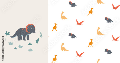 Seamless pattern and card with cute dinosaurs. Prehistoric era. Children's illustration.