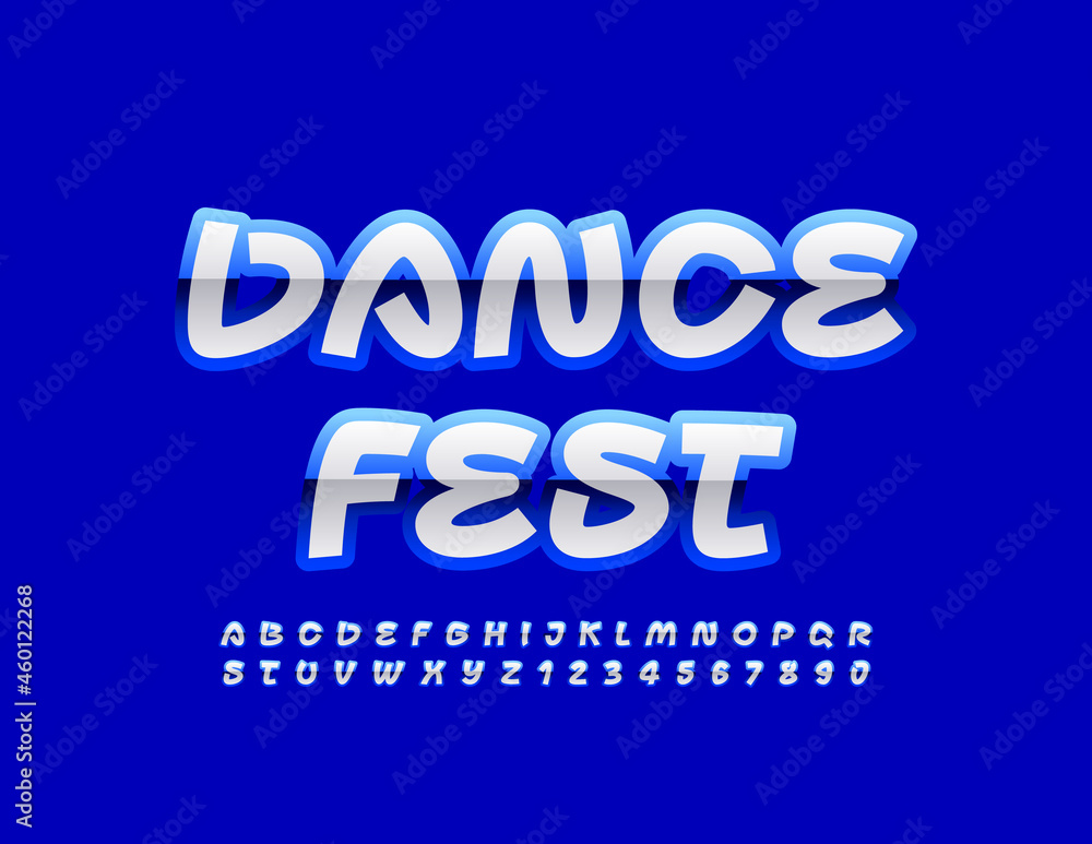 Vector stylish Banner Dance Fest. Playful bright Font. Glossy Alphabet Letters and Numbers. Vector stylish Banner Dance Fest. Playful bright Font. Glossy Alphabet Letters and Numbers.