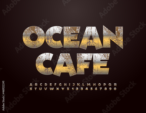 Vector metal Logo Ocean Cafe with Rusty Gold Font. Grungy metallic Alphabet Letters and Numbers set. 