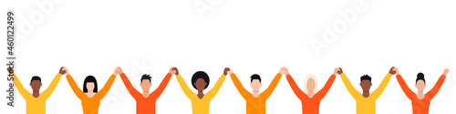 People holding hands. Community, union, team or friendship concept. Men and women. Flat style. Vector illustration
