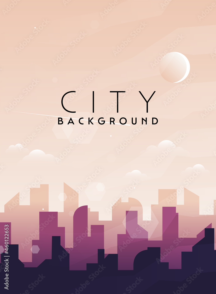 Fototapeta Morning, day city skyline landscape, town buildings in different time and urban cityscape town sky. Daytime cityscape. Architecture silhouette downtown vector background. Flat design for flyers, cards