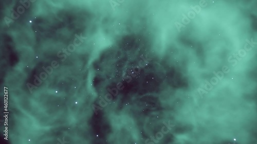 cgi animation of space nebula among the luminous stars. Aquamarine space clouds, endless infinite rotation. Relaxation in the universe, yoga and mental health. 
