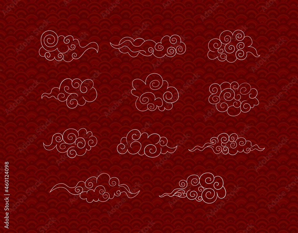 Vector Oriental Clouds on Red Pattern Background, Design Elements Set, Tradition Asian Art, Outline Clouds on Red Background.