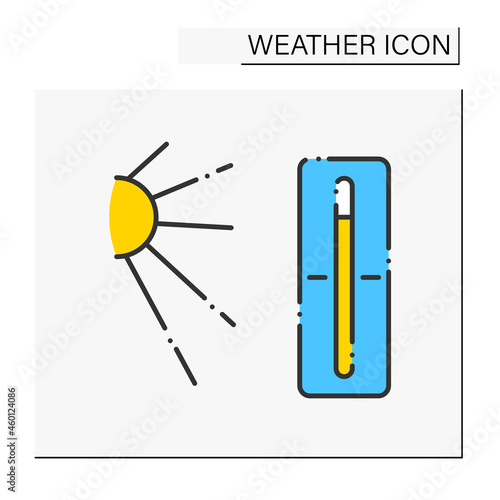 Thermometer color icon. Hot weather outside. Nice sunny day. High temperature. Swelter . Heat. Summer day.Weather concept. Isolated vector illustration