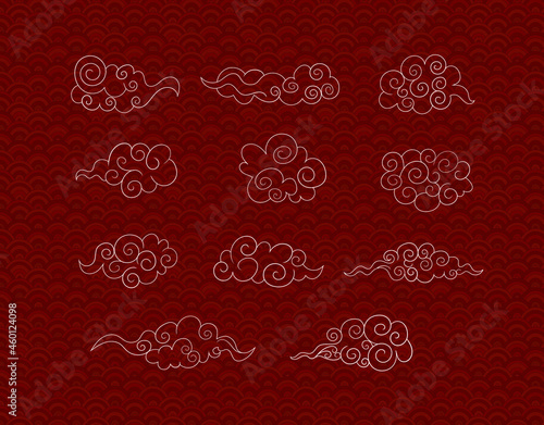 Vector Oriental Clouds on Red Pattern Background, Design Elements Set, Tradition Asian Art, Outline Clouds on Red Background.