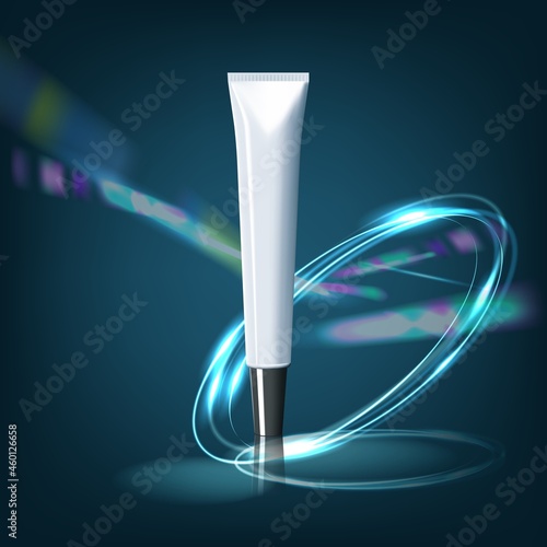 Refreshing skin care tube ads, elegant cosmetic product with chiffon isolated on bokeh light blue background