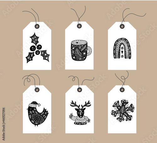 Set of hand drawn doodle scandinavian Christmas element tags. Collection winter holiday vector jolly mug rainbow bird deer snowflake decorative hygge xmas elements