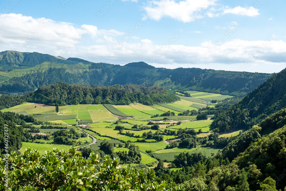 Pastures and cornfields on the Sao Miguel island in the Portuguese Azores