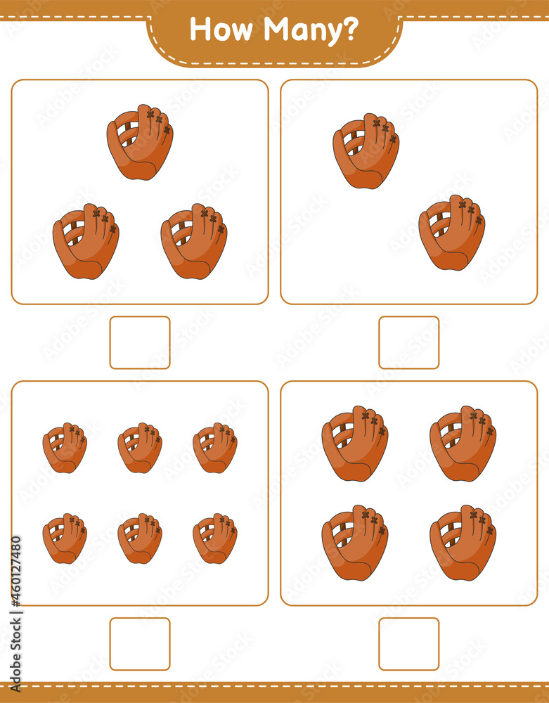 Counting game, how many Baseball Glove. Educational children game, printable worksheet, vector illustration Counting game, how many Baseball Glove. Educational children game, printable worksheet, vector illustration