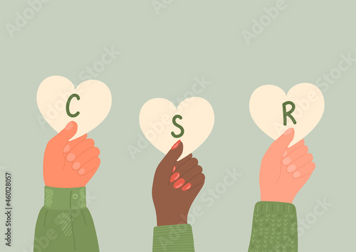 Hands holding hearts with letters csr. Corporate social responsibility.