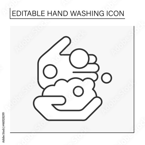  Hand washing line icon. Foam and bubble on palms. Hygiena concept. Isolated vector illustration. Editable stroke