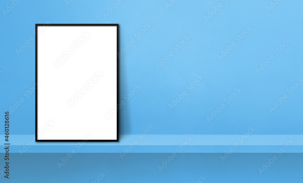 Black picture frame leaning on a blue shelf. 3d illustration. Horizontal banner Black picture frame leaning on a blue shelf. 3d illustration. Horizontal banner