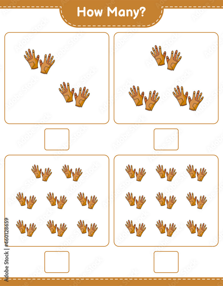 Counting game, how many Golf Gloves. Educational children game, printable worksheet, vector illustration