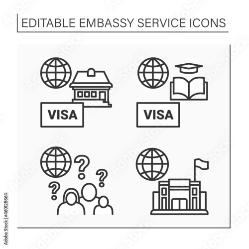 Embassy service line icons set. Student visa, residence, consulate, child and family matters. Diplomation mission concept. Isolated vector illustrations. Editable stroke