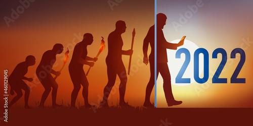 Cette carte de vœux reprend la théorie de l’évolution de Darwin en aboutissant au temps modernes et l’homme d’aujourd’hui qui tient un smartphone dans sa main.