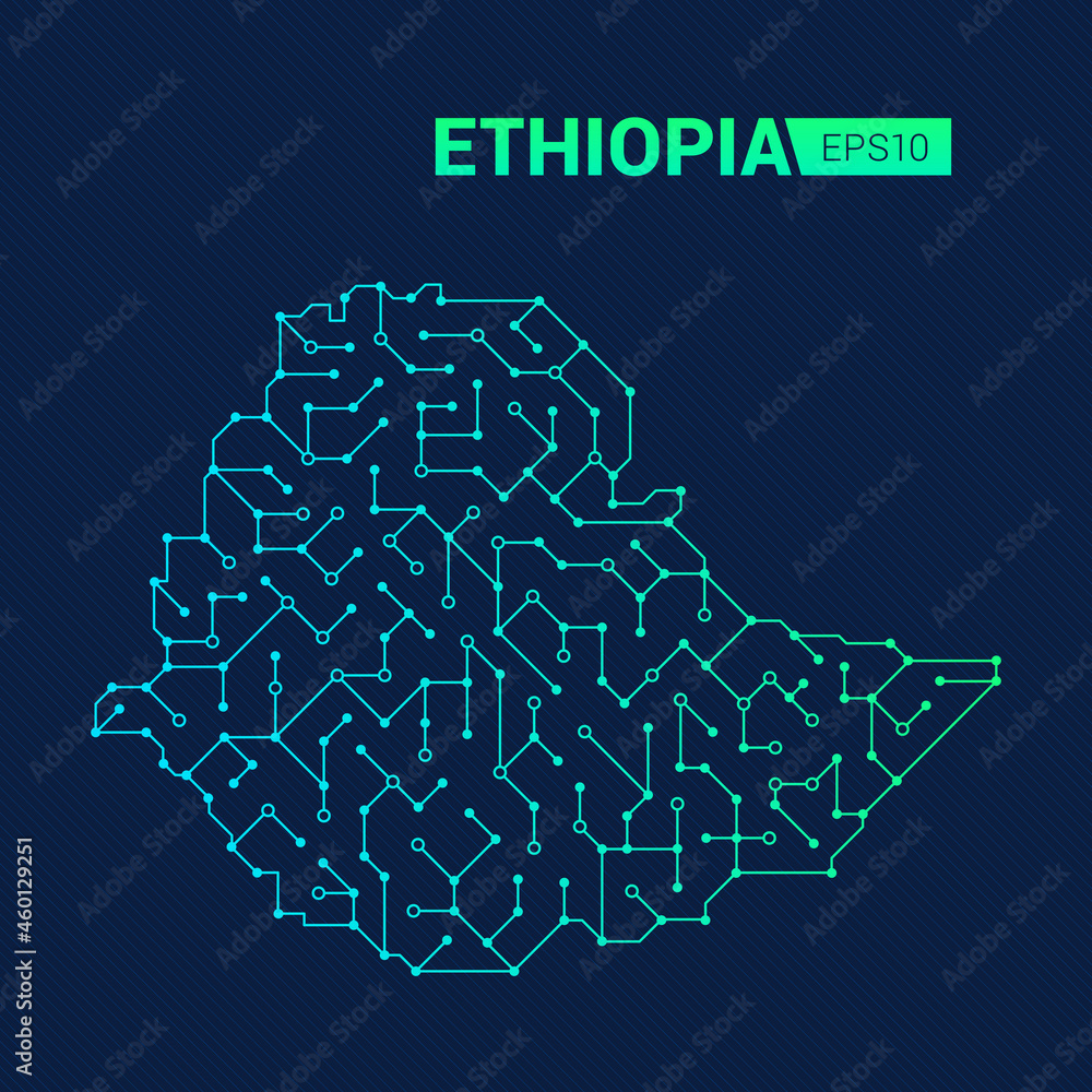 Abstract futuristic map of Ethiopia. Electric circuit of the country. Technology background.