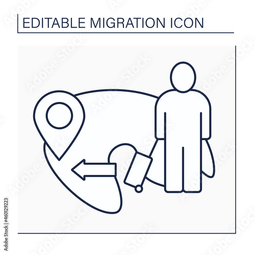 Emigration line icon. International people movement to destination country. Leave native country to live in another. Forced relocation.Migration concept. Isolated vector illustration. Editable stroke