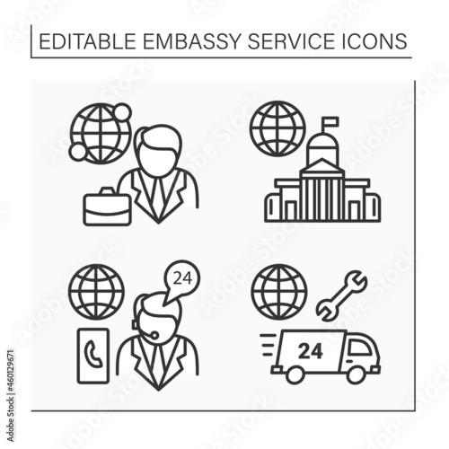 Embassy service line icons set. Client consultation, assistance. Diplomation mission concept. Isolated vector illustrations. Editable stroke